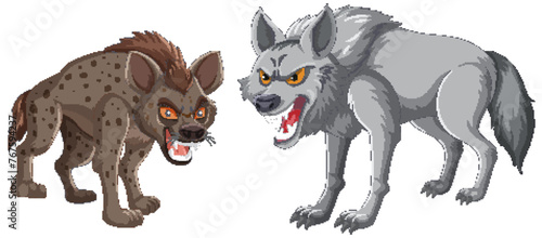 Vector graphic of aggressive hyena and wolf facing off