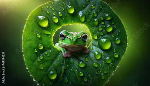 A small frog peering through a large hole in a bright green leaf, with droplets of water around. photo