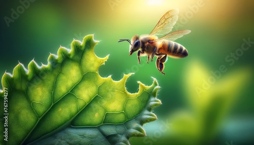 A bee landing on the edge of a torn leaf, with its wings spread, ready to take off.