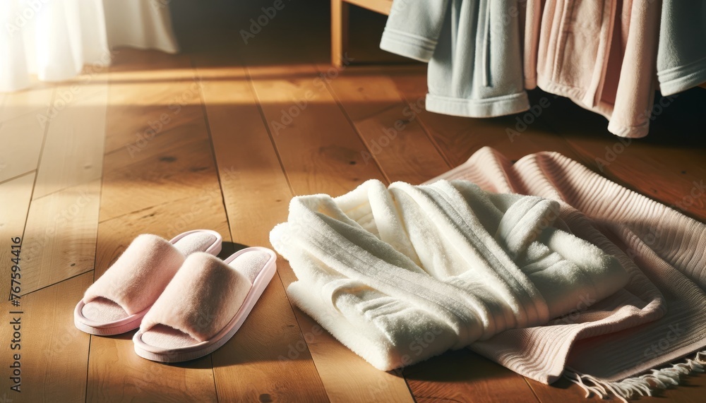 An image of a pair of soft, pastel-colored slippers next to a white, fluffy bathrobe laid out on a wooden floor. - obrazy, fototapety, plakaty 