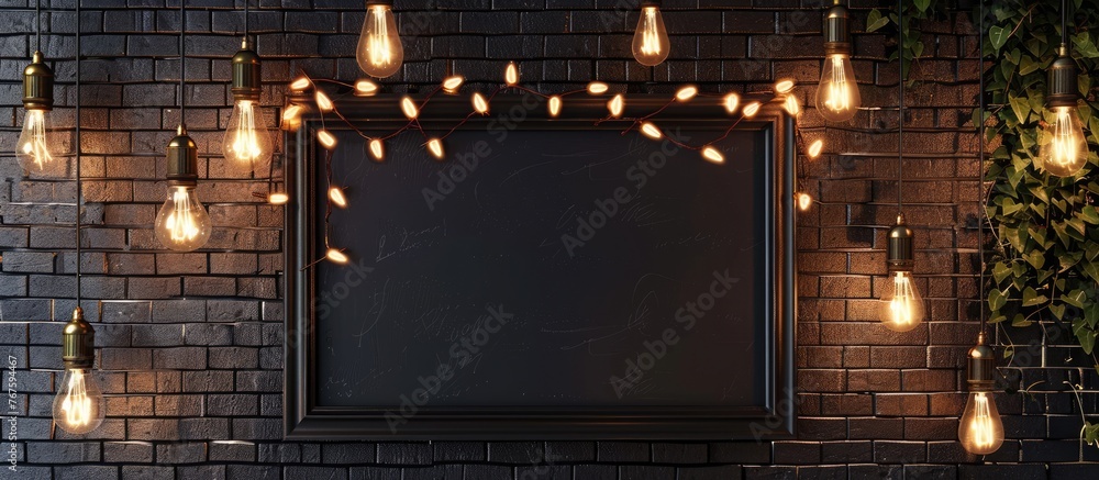 Black antique poster frame with classic light bulbs on a brick wall. Suitable for bars, cafes, restaurants, offices, shops, or warehouses. Features a retro design with ample space for text. Black antique poster frame with classic light bulbs on a brick wall. Suitable for bars, cafes, restaurants, offices, shops, or warehouses. Features a retro design with ample space for text.