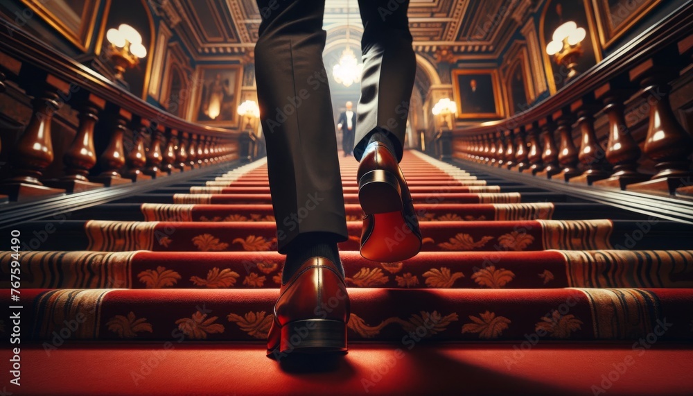 A person's feet in professional, polished dress shoes, ascending a grand, carpeted staircase within an elegant, historic building. - obrazy, fototapety, plakaty 