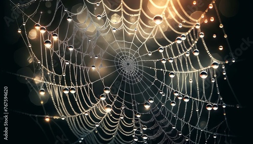 A detailed, focused image capturing a close-up of a spider web with dewdrops on it.