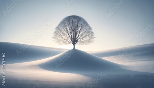 A minimalist scene of a single, bare tree on a snow-covered hill with soft, early morning light illuminating the scene.