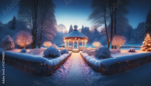 A quiet, snowy path leading to a small, illuminated gazebo at the heart of a tranquil park at twilight.