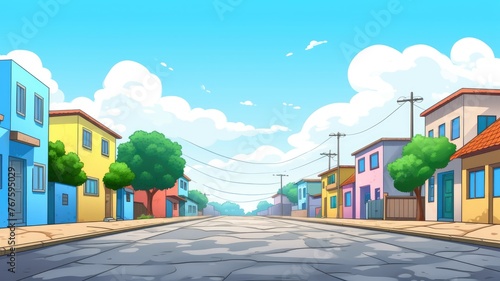 Colorful cartoon street scene with houses and trees under a sunny sky  radiating joy