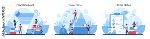 Showcases education, social class, and marital status as market categories