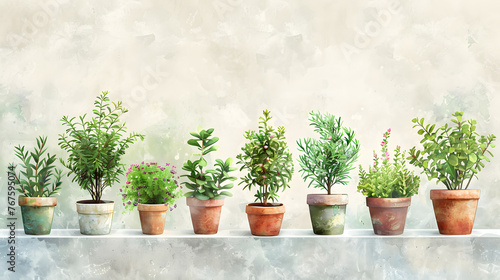 A row of houseplants are neatly lined up on a shelf, showcasing a variety of terrestrial plants in flowerpots. The display includes shrubs, grasses, and groundcover in rectangular pots