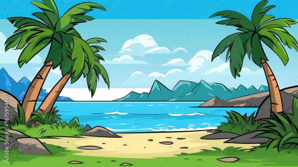 cartoon tropical landscape, palm trees, clear skies, distant mountains