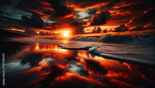 The reflection of a fiery sunset on the wet sand, with dark, rolling waves breaking softly in the background.