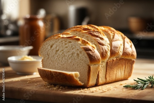 Homemade freshly baked bread on kitchen wooden table