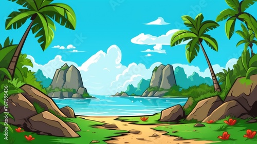 cartoon tropical landscape  palm trees  clear skies  distant mountains
