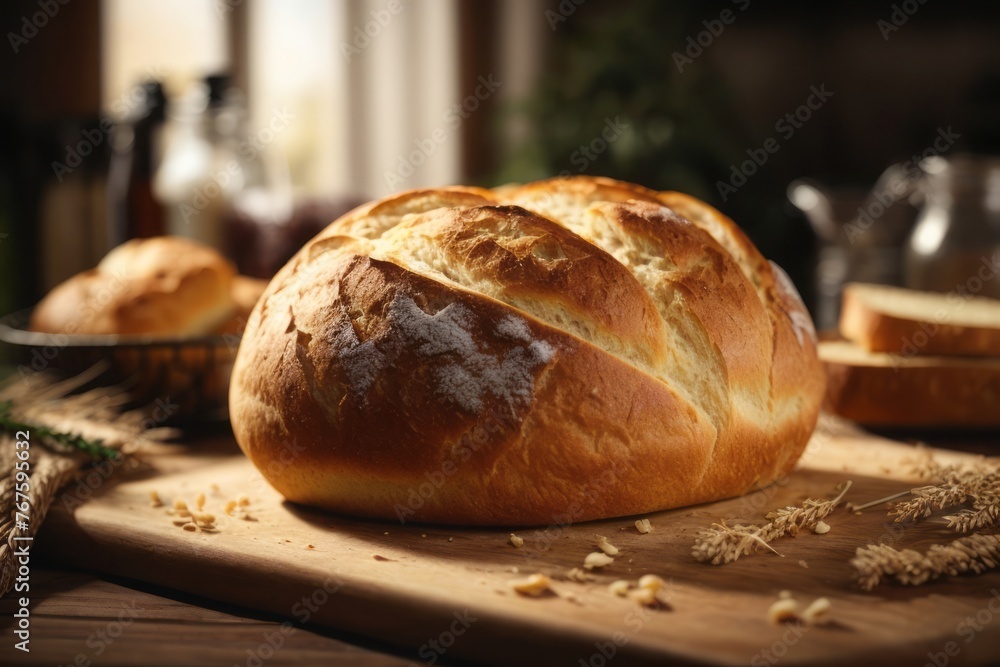 Homemade freshly baked bread on kitchen wooden table
