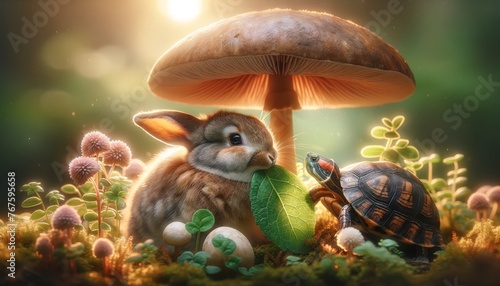 A heartwarming and detailed scene featuring a rabbit and a turtle sharing a leaf under the shelter of a large mushroom, signifying friendship and shar.