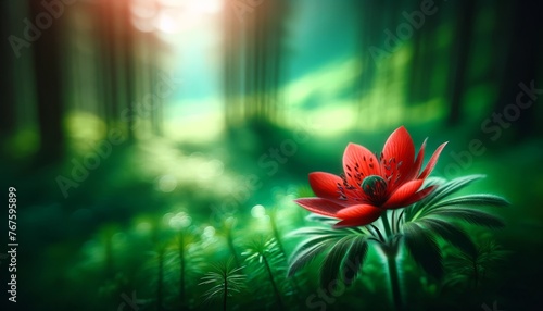 A single red flower blooming with delicate petals open wide, standing out against a lush, green, blurred forest backdrop. © FantasyLand86