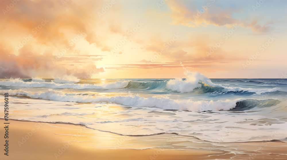 Vividly painted ocean waves in a mesmerizing watercolor illustration, set against a stunning sunset sky.