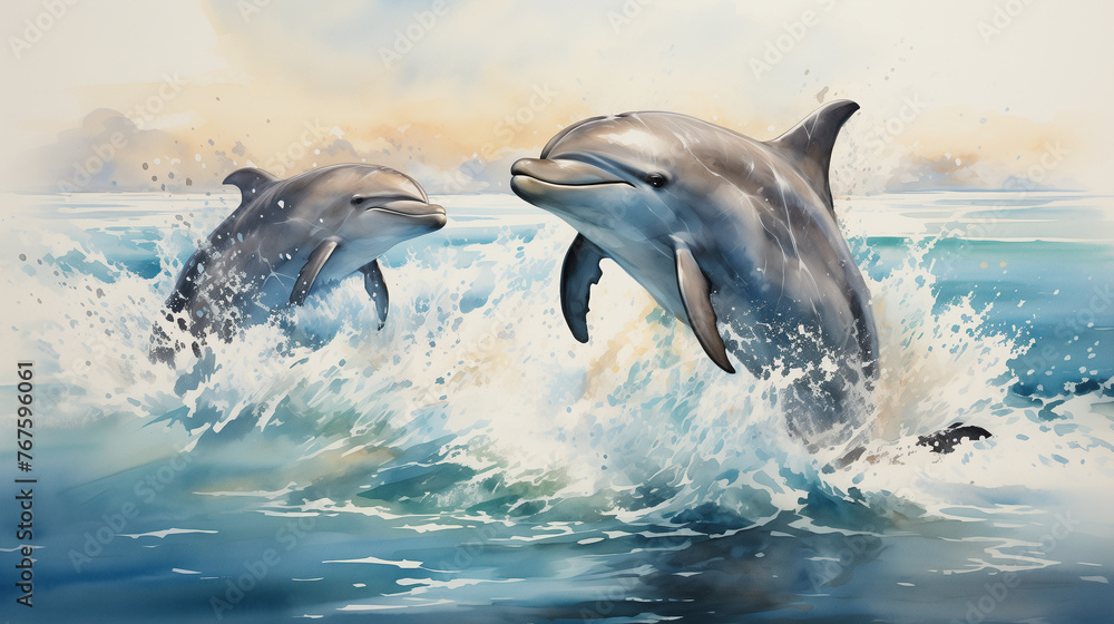 Obraz premium A whimsical watercolor painting depicting a playful scene of dolphins leaping in and out of the water.