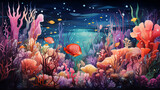 A whimsical watercolor depiction of a magical underwater world, with fantastical creatures, vibrant colors, and hidden treasures.