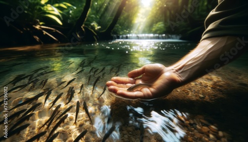 A person s hand holding a small fish in a clear stream before releasing it back into the water.