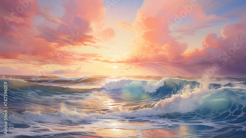 Experience the brilliance of ocean waves under a stunning sunset sky in this vibrant watercolor artwork.