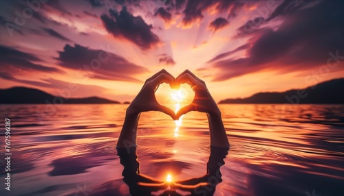 Two hands forming a heart shape above the water surface during sunset, with the sun's reflection creating a warm glow.