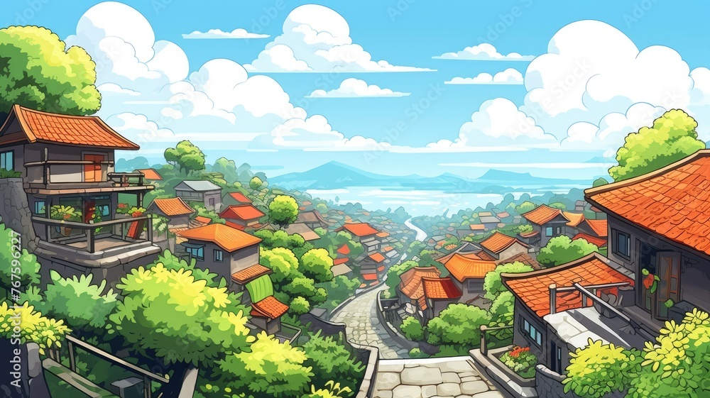 cartoon village, traditional houses, lush greenery, mountain view