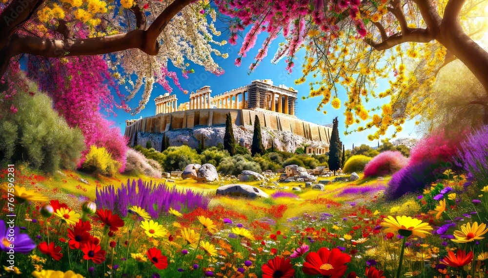 A vibrant springtime view of the Acropolis, with wildflowers in bloom and the ancient structures framed by the colorful flora. - obrazy, fototapety, plakaty 
