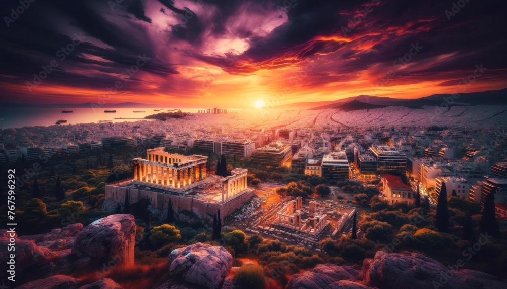 A dramatic sunset view from the Acropolis, overlooking modern Athens with the contrast between ancient and contemporary architecture. - obrazy, fototapety, plakaty 