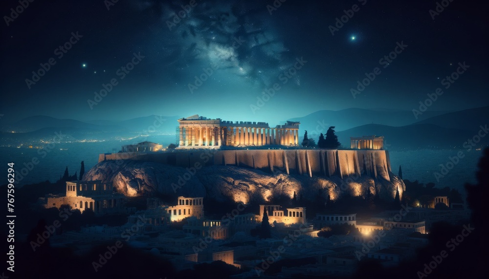 A serene nighttime scene of the Acropolis under a starry sky, with the monuments lit up, creating a peaceful and majestic atmosphere.