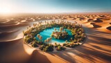 Aerial view of a vibrant oasis in the middle of a barren desert landscape, featuring palm trees and a clear blue pond.