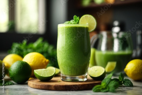 Healthy green smoothie drink organic fresh lime and lemon on kitchen table