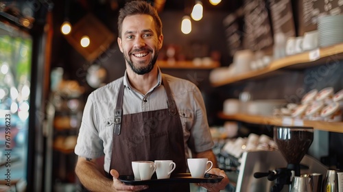 Cheerful male waiter carrying coffee cups on tray and smiling at camera  working in his small business restaurant cafe. copy space for text.