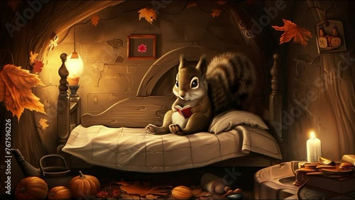 A squirrel with a sleepless night reads a book on the bed