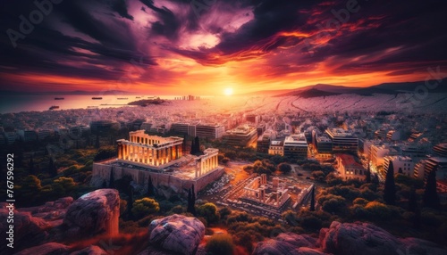 A dramatic sunset view from the Acropolis, overlooking modern Athens with the contrast between ancient and contemporary architecture. photo