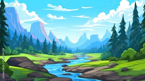 cartoon nature scene, reflective lake, lush greenery, towering mountains