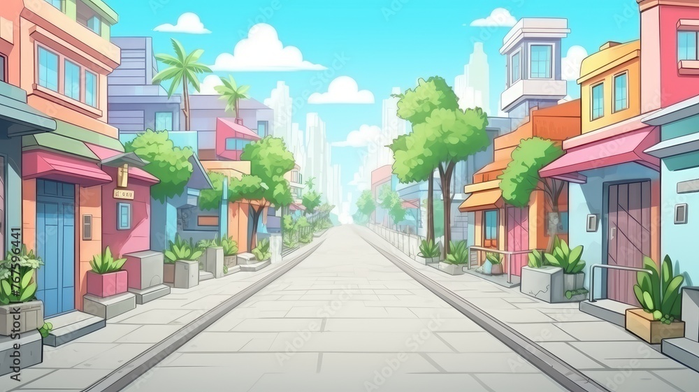 cartoonn  street with colorful, whimsical buildings and lush greenery under a clear sky