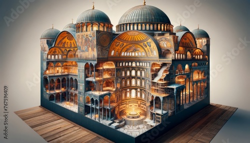 A cross-section illustration of the Hagia Sophia, showcasing the interior structure, domes, and architectural details. photo
