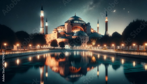 A serene night scene of the Hagia Sophia under a starry sky, reflecting the building's grandeur and historical significance. photo