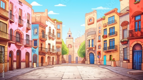 Colorful cartoon city street with vibrant buildings and trees under a clear sky