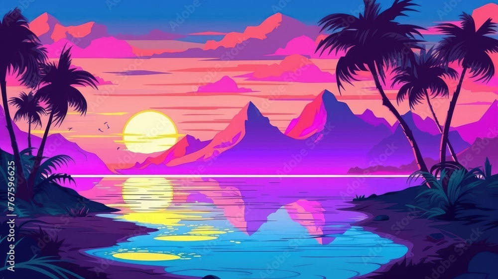 cartoon sunset over serene lake with palm trees and mountain backdrop.