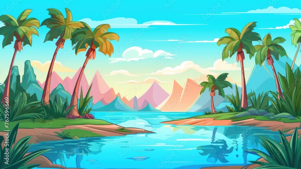 cartoon  tropical landscape, palm trees, calm river, colorful mountains