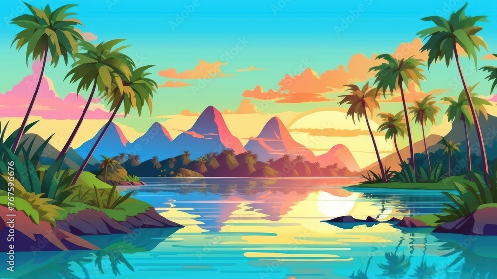 cartoon  tropical landscape, palm trees, calm river, colorful mountains