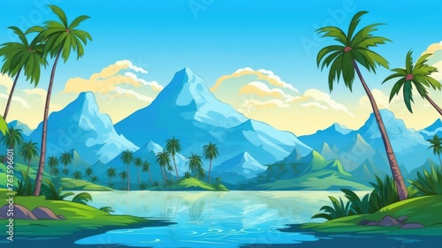 cartoon tropical landscape with palm trees, blue river, and mountains