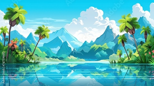cartoon tropical landscape with palm trees  blue river  and mountains