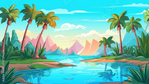 cartoon  tropical landscape  palm trees  calm river  colorful mountains