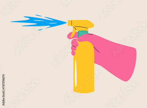 Human hand holding cleaning spray. Colorful vector illustration