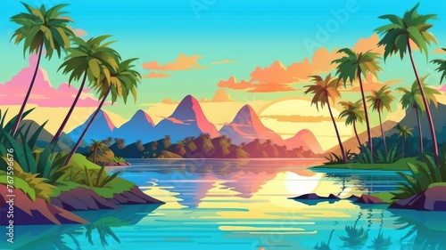 cartoon  tropical landscape, palm trees, calm river, colorful mountains © chesleatsz