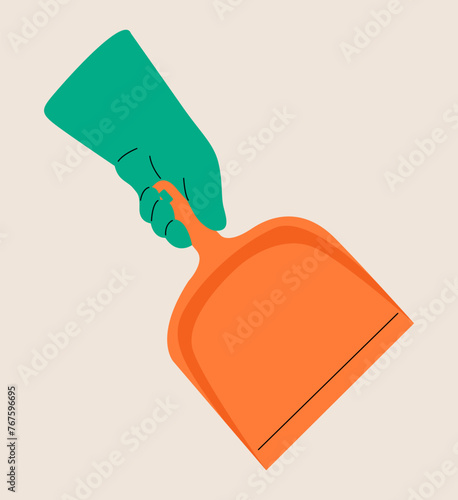Human hand holding dustpan. Colorful vector illustration