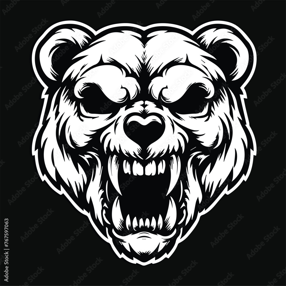 Dark Art Angry Beast Bear Skull Head Black and White Illustration