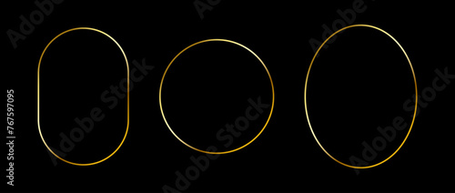 Golden thin frame set. Gold geometric borders in art deco style. Thin linear oval, circle, ellipse frames collection. Yellow glowing shiny boarder element pack. Vector bundle for photo, cadre, decor